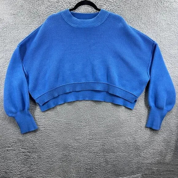 Free People Oversized Sweater Women’s Medium Blue Relaxed Ribbed Knit Cropped - Picture 3 of 11